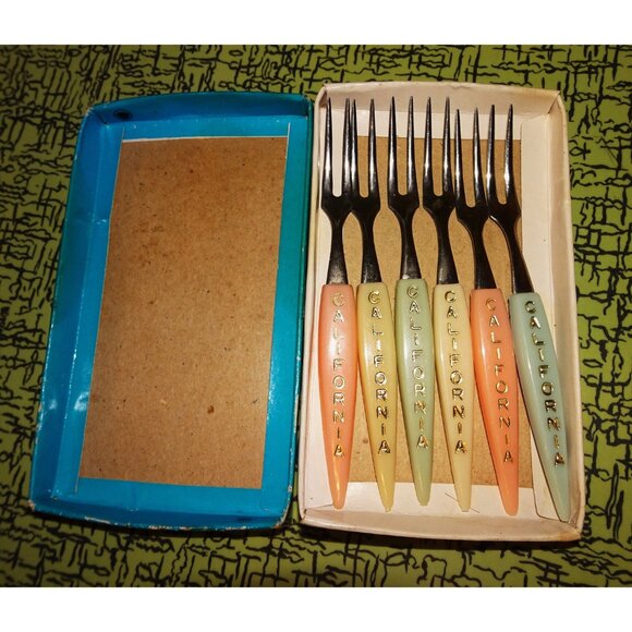 Vintage Little Fork 6 California Cocktail Appetizer Party Forks original box 50s - Picture 7 of 8